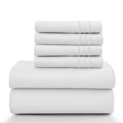 Lux Décor 6Pc Solid Sheet Set – Brushed Microfiber, 16" Deep Pockets, with Embroidered & Plain Pillowcases