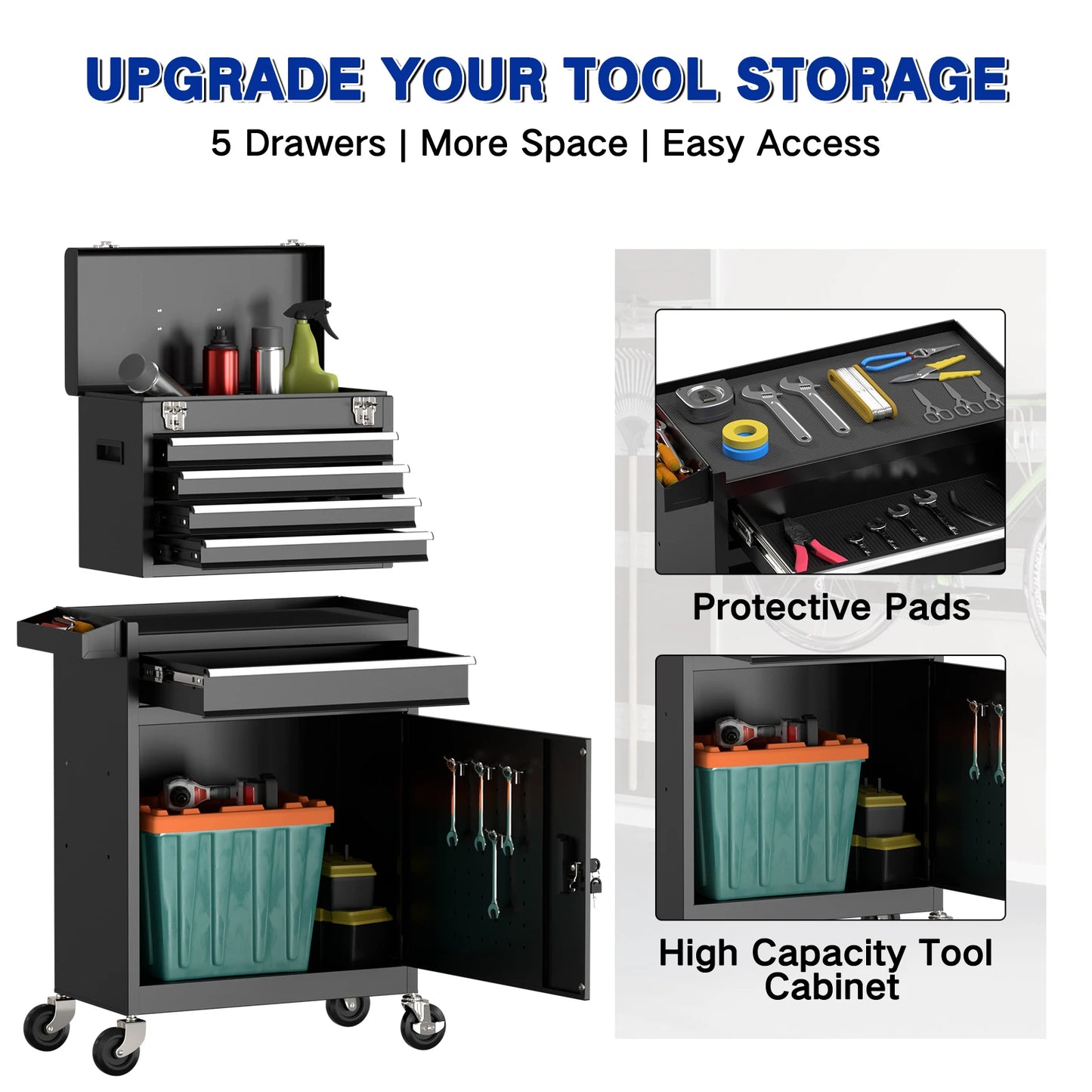 5 Drawer Tools Chest, Tool Cabinet with Universal Lockable Wheels.