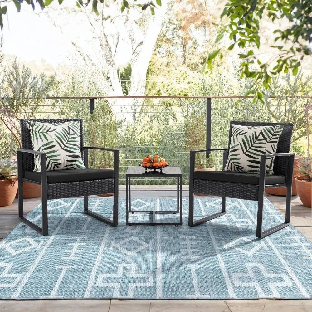 3 Pieces Outdoor Patio Wicker Furniture Set, Modern Rattan Chair Sets with Coffee Table for Yard.