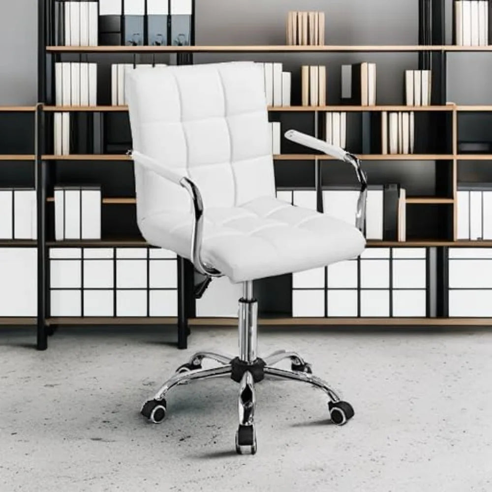 White Desk Chairs with Wheels/Armrests Modern PU Leather Office Chair Midback Adjustable Home Executive Chair 360°