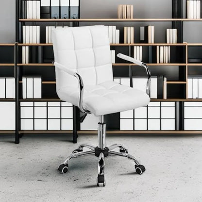 White Desk Chairs with Wheels/Armrests Modern PU Leather Office Chair Midback Adjustable Home Executive Chair 360°