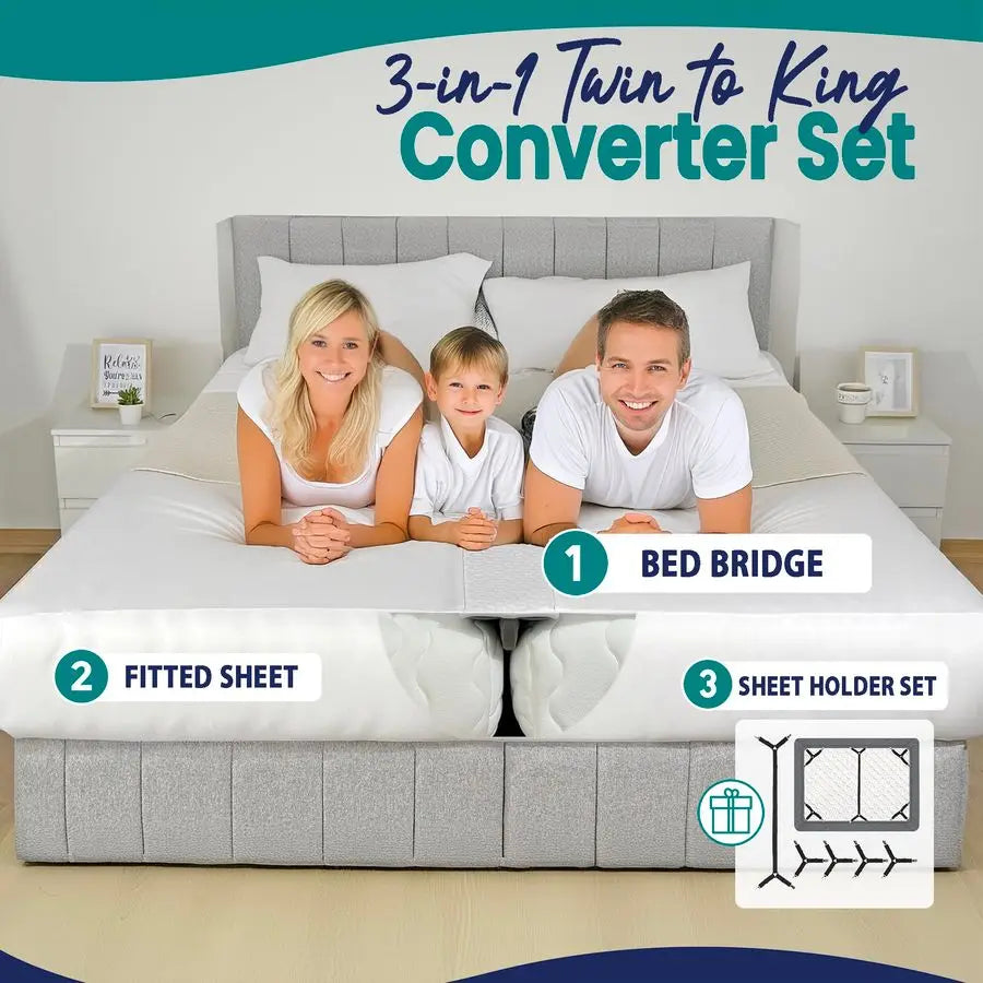 Fitted Sheet Attached Bed Bridge Twin XL to King Converter Kit with Sheet Strap Set Split King Gap Filler.