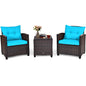 3 Pieces Patio Furniture Set, PE Rattan Wicker Outdoor Sofa Set w/Washable Cushion and Tempered Glass.