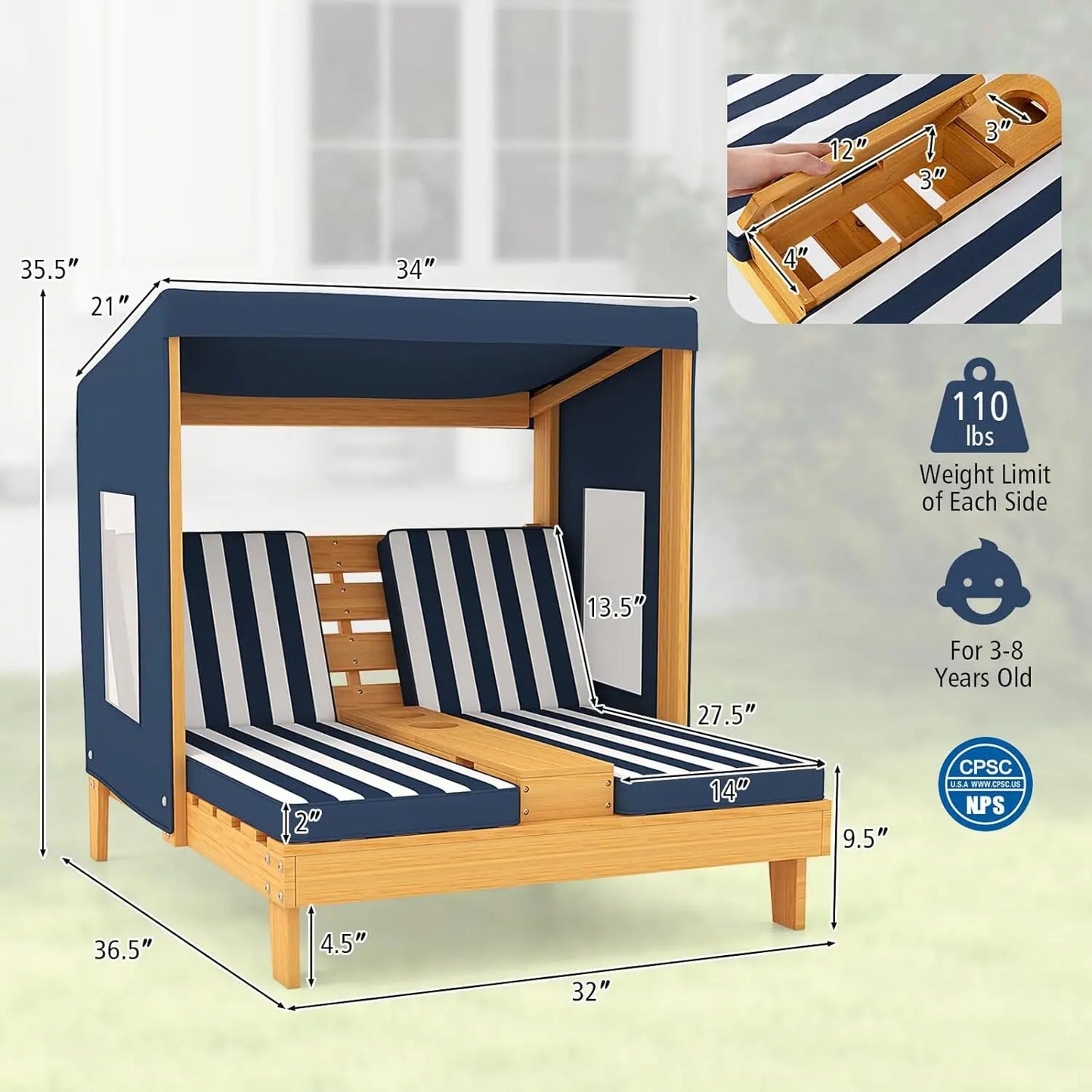 Kids Chaise Lounge Chair Outdoor, Wood Double Pool Lounger Chairs w/Canopy, Cup Holder.