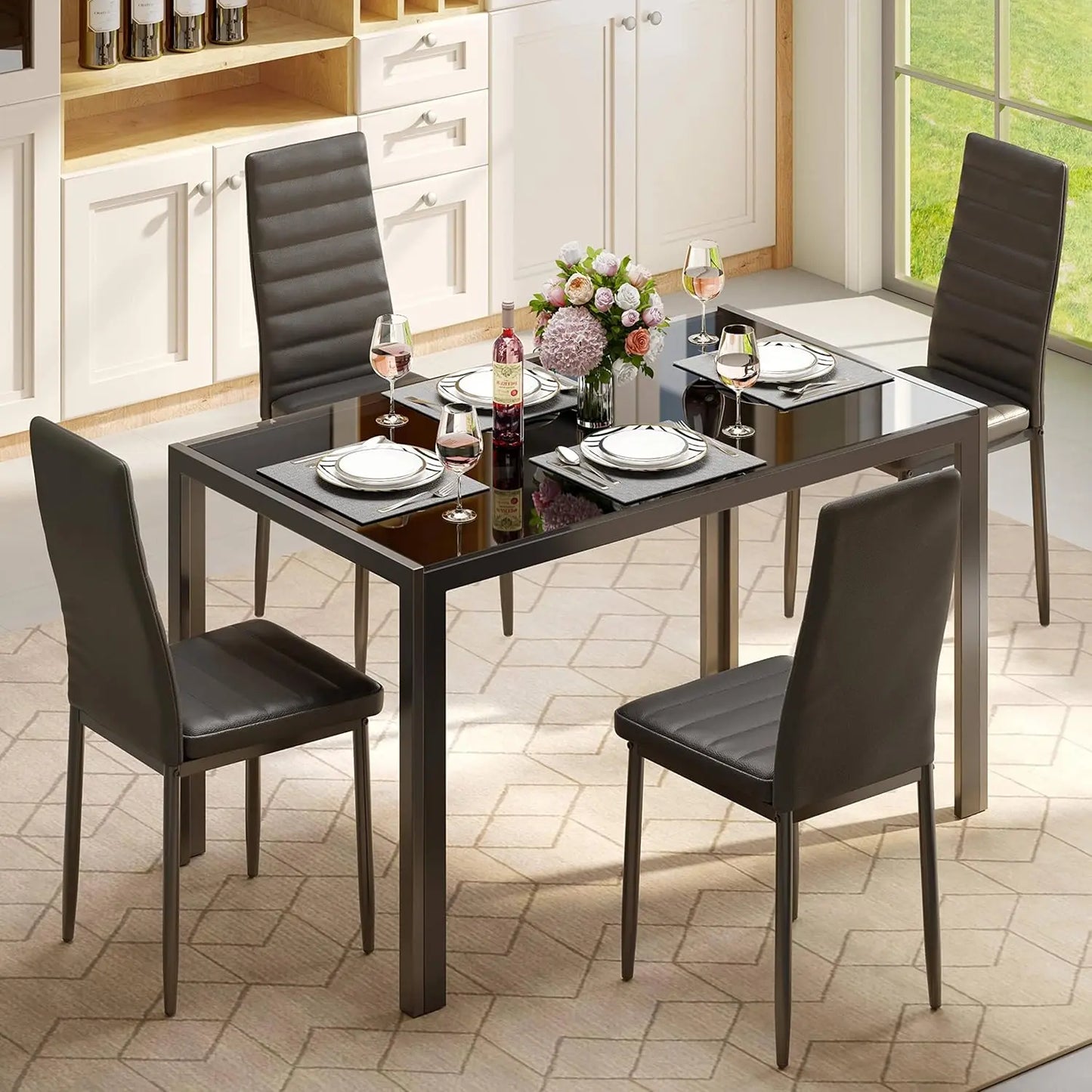 5 Piece Glass Dining Table Set, Kitchen and Chairs for 4, PU Leather Modern Room Set