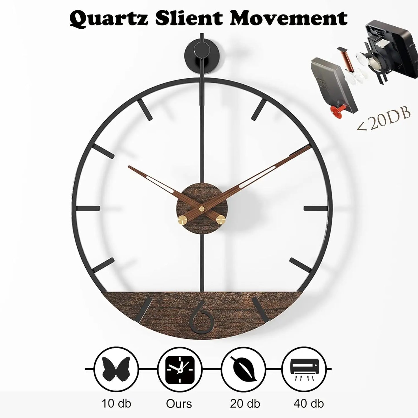 Modern Wood Walnut Dial Wall Clock, Large Simple Wall Decor Metal Frame Silent Non-Ticking Clock.