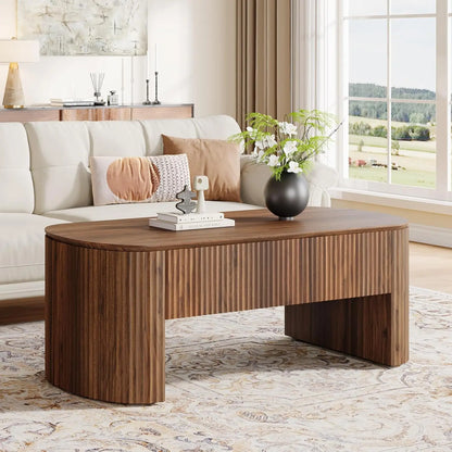 47-Inch Oval Lift Top Coffee Table with Storage Shelf for Living Room, Rustic Lift Up Tabletop.