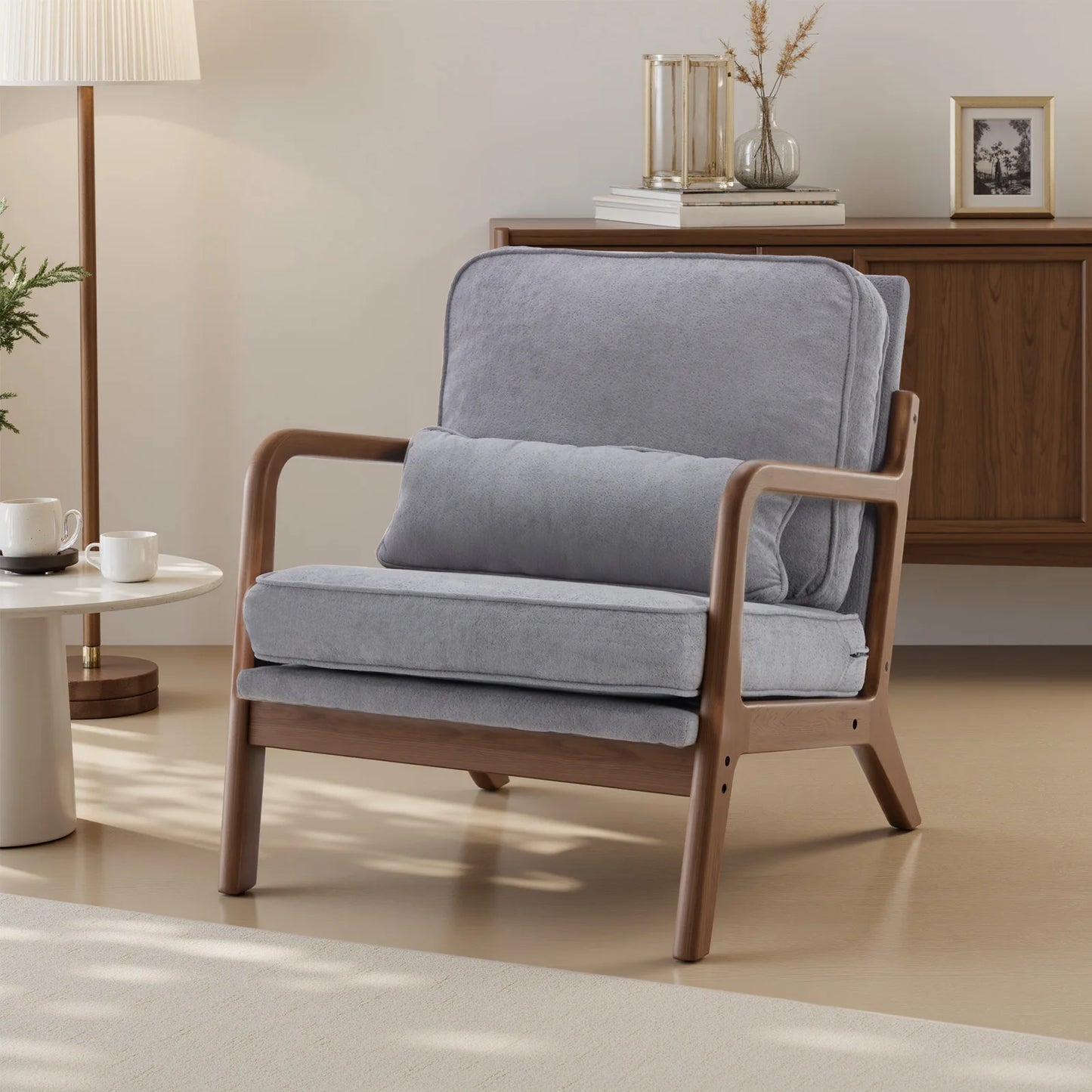 JHK Mid Century Modern Chair Solid Wooden Frame Accent Chair with Arms, Waist Cushion Chair