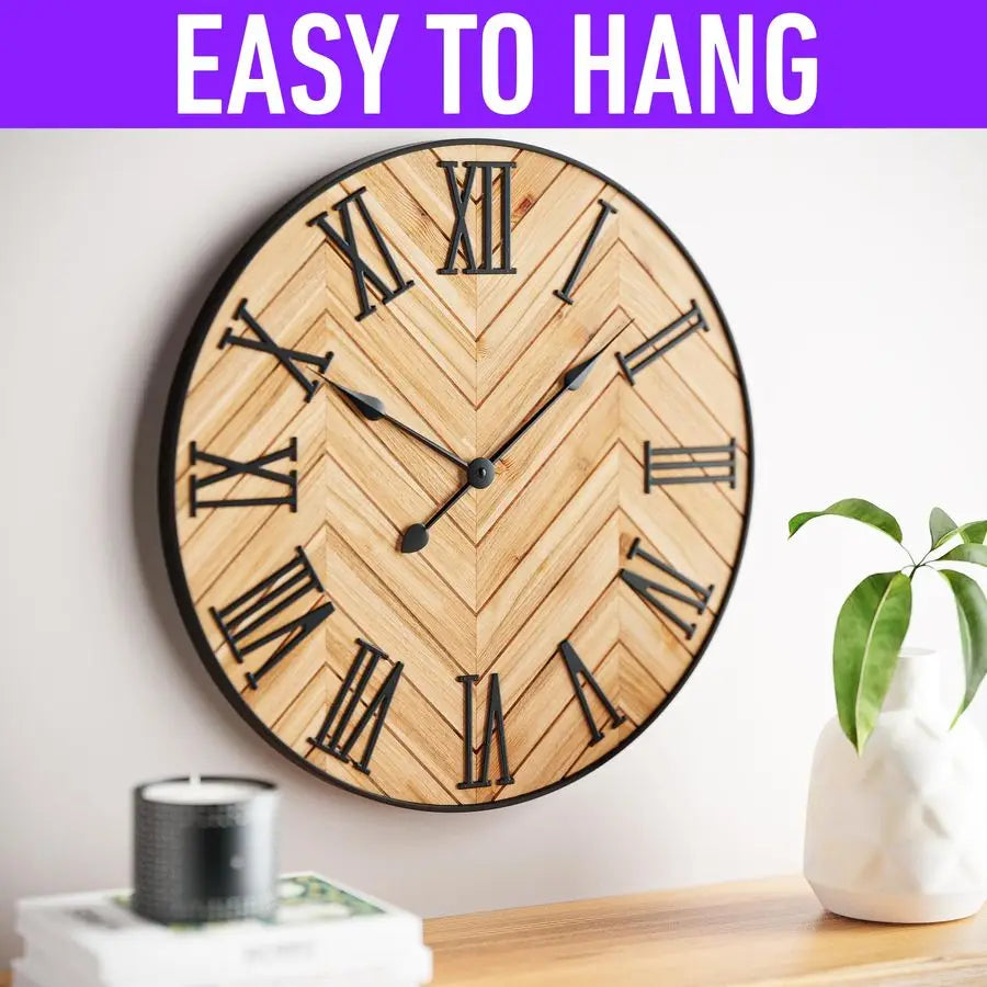 Wall Clock 24 Round Silent Metal amp Wood Large Farmhouse, Decor with 3D Roman Numerals.