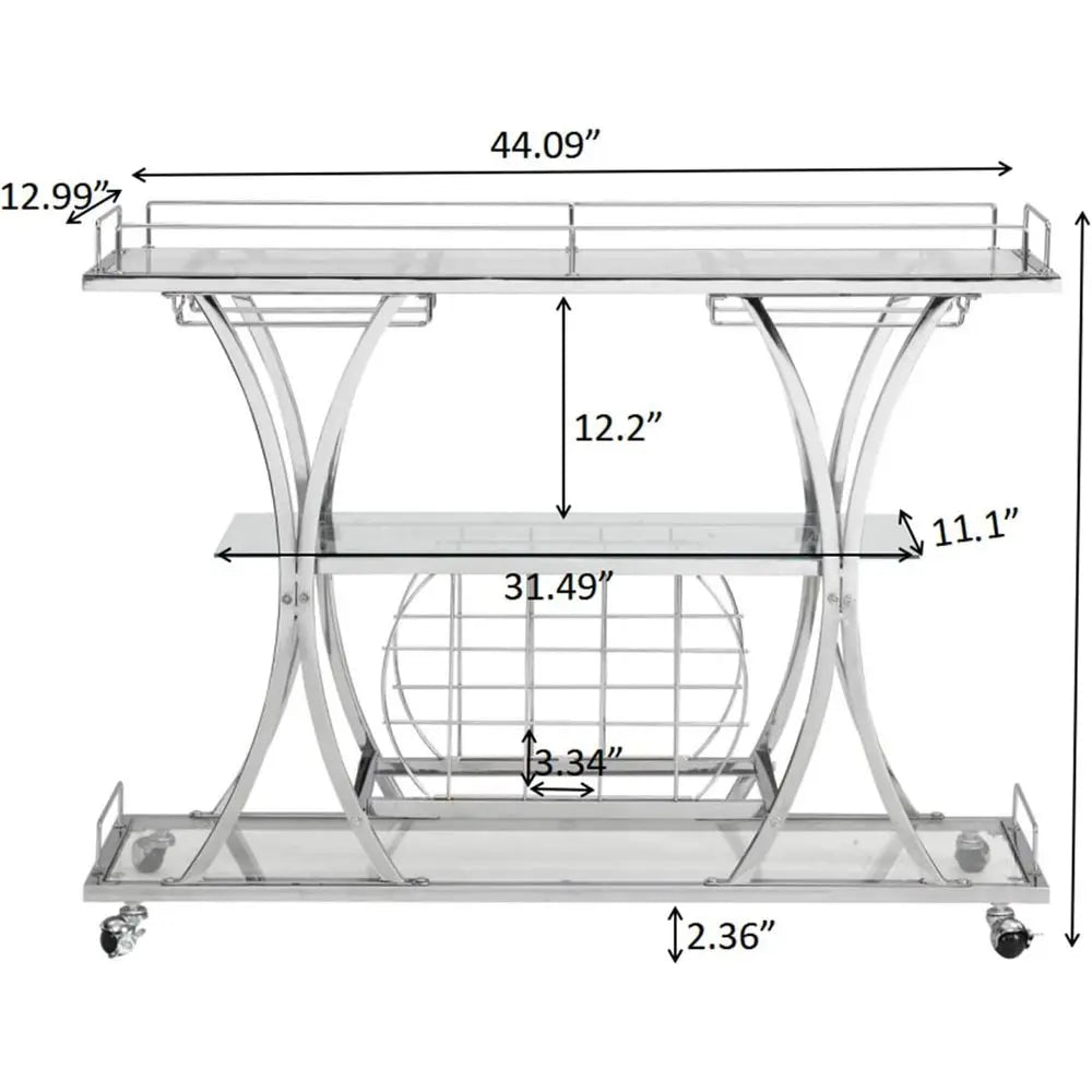 Silver Bar Cart with Glass Holders & Wine Rack, 3 Tier Serving Carts with Glass Shelves, Metal Rolling Bar.
