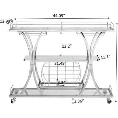 Silver Bar Cart with Glass Holders & Wine Rack, 3 Tier Serving Carts with Glass Shelves, Metal Rolling Bar.