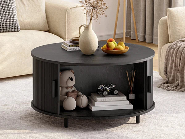 Round Coffee Table with Storage,31.5" 360° Curved Sliding Door, Fluted Wood Accent Coffee Table
