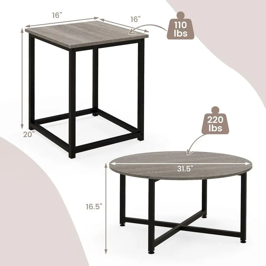 Coffee Table Set of 3, Wood Grain Round Coffee Table and 2 Square End Side Tables, Metal Frame, 3Piece Living Room