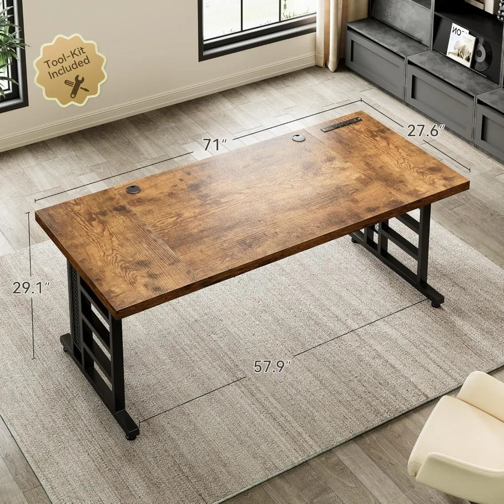 71 Inch Executive Desk with USB Ports, Large Computer Desk with Extra Thick, Office Desk, Furniture.