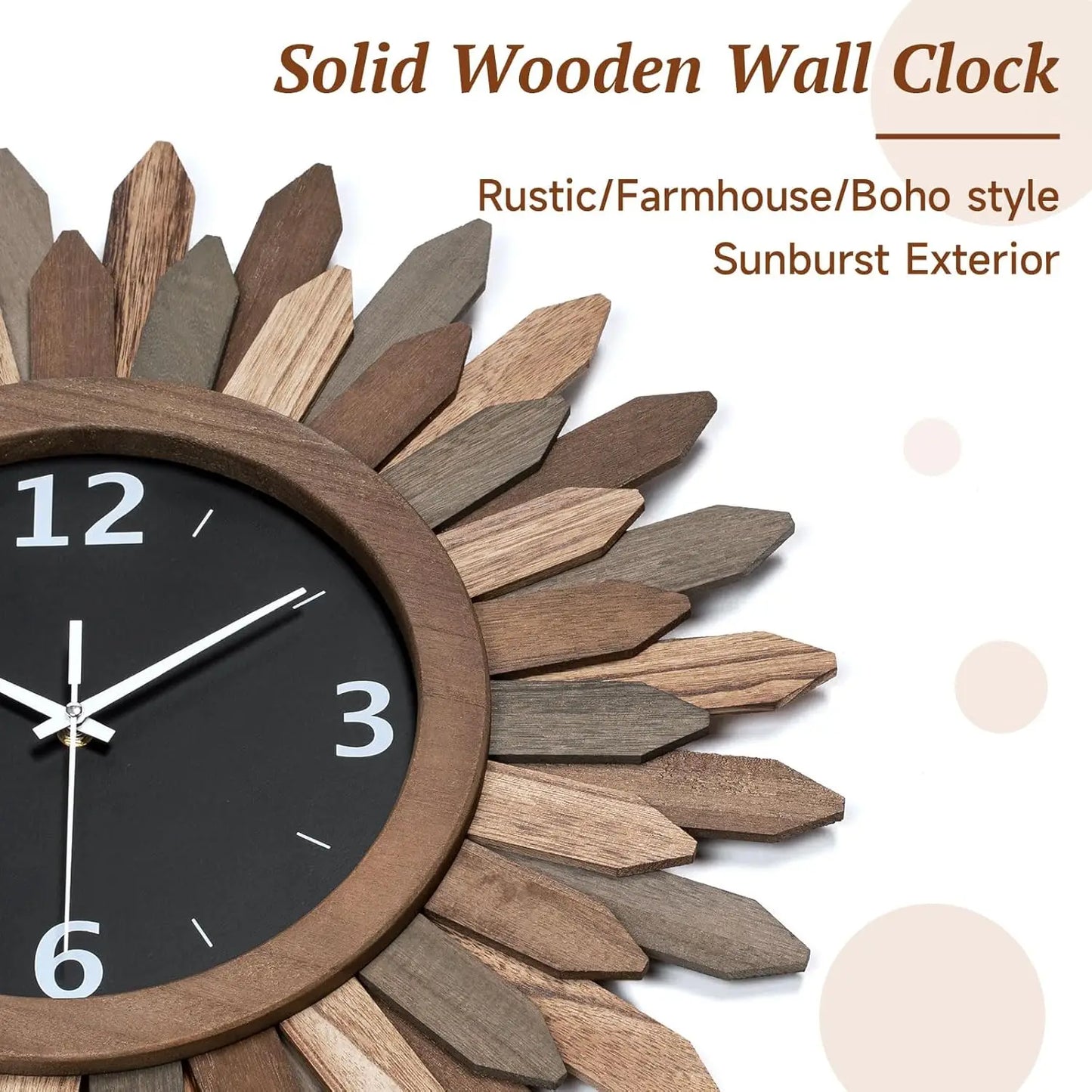 Large Wall Clock Battery Operated 21 in Rustic Wood Boho Sunburst Decorative Wall Clock, Silent.
