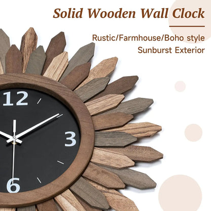 Large Wall Clock Battery Operated 21 in Rustic Wood Boho Sunburst Decorative Wall Clock, Silent.
