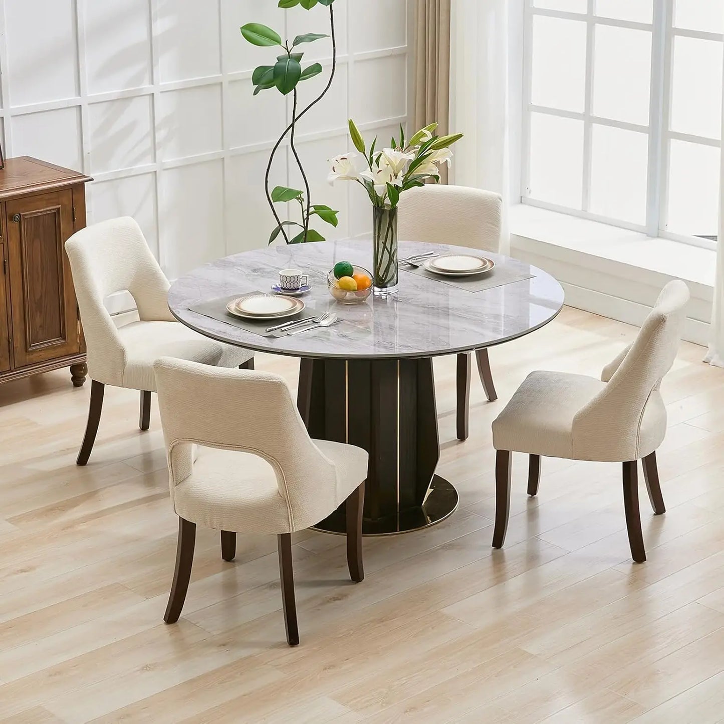 Wooden Dining Chairs Set of 4, Mid Century Modern Chenille Upholstered.