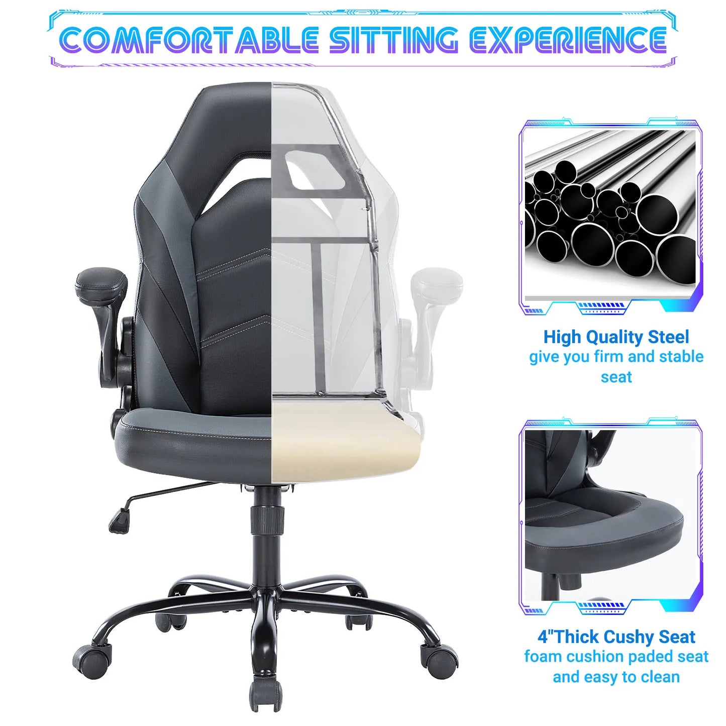 Ergonomic Office Computer Home Gaming Desk Chair Adjustable PU Leather, Flip-up Armrest.