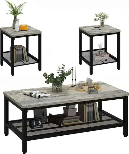 Industrial Style 3-Piece Coffee Table Set: Modern Living Room Furniture with Square Side Tables