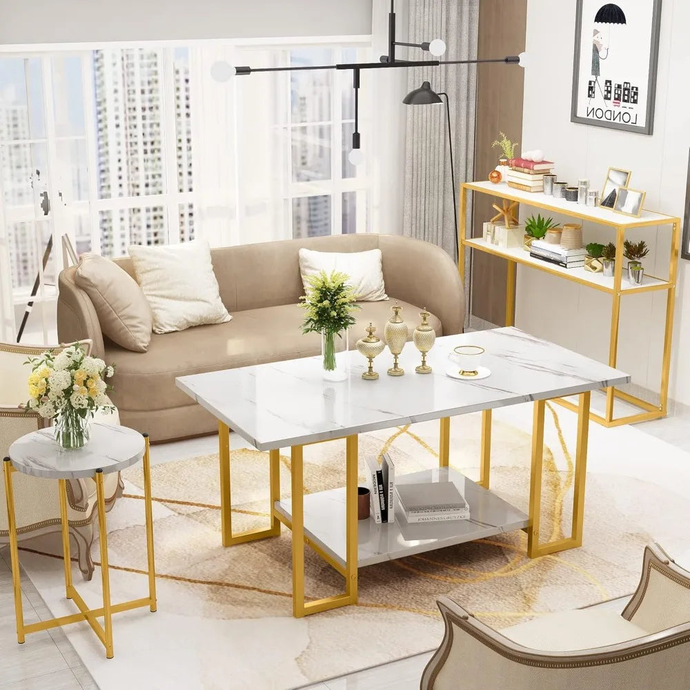 Faux Marble White Coffee Table Set with 3-Tier End Table and Console Tables, for Living Room