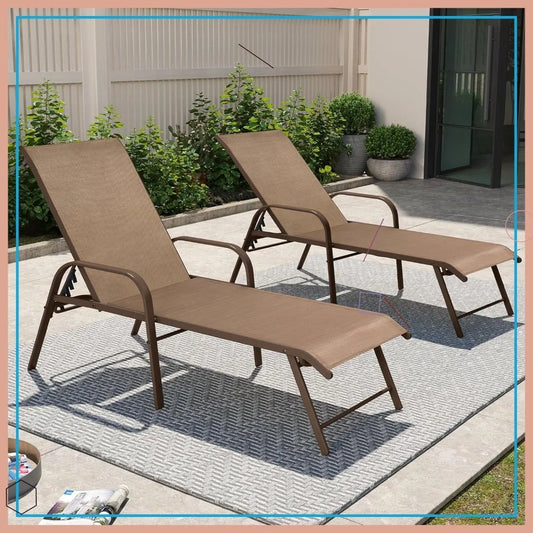 Outdoor Chaise Lounge Chair Set of 2, Adjustable 5 Positions, Aluminum Frame.