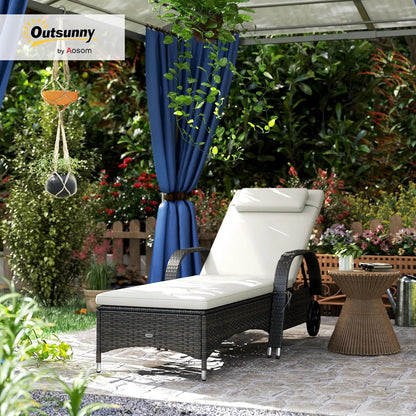 Wicker Outdoor Chaise Lounge with 5-Level Adjustable Backrest, PE Rattan Chair with Wheels.
