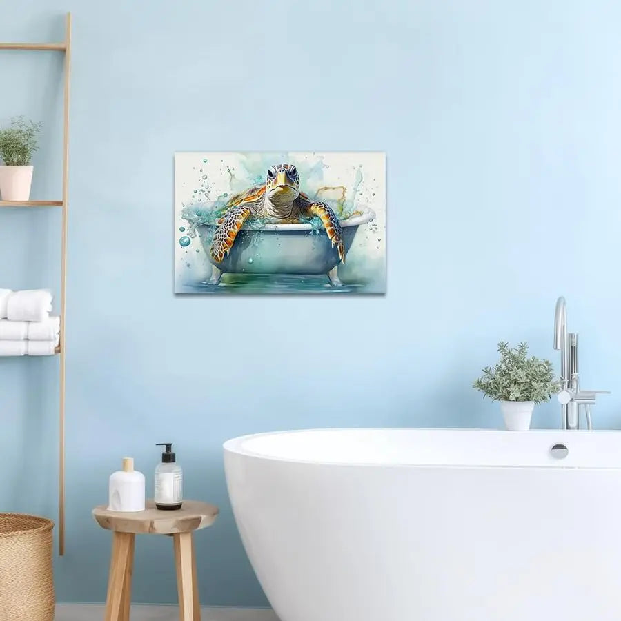 Sea Turtle Bathroom Wall Art Funny, in Bathtub Canvas Painting.