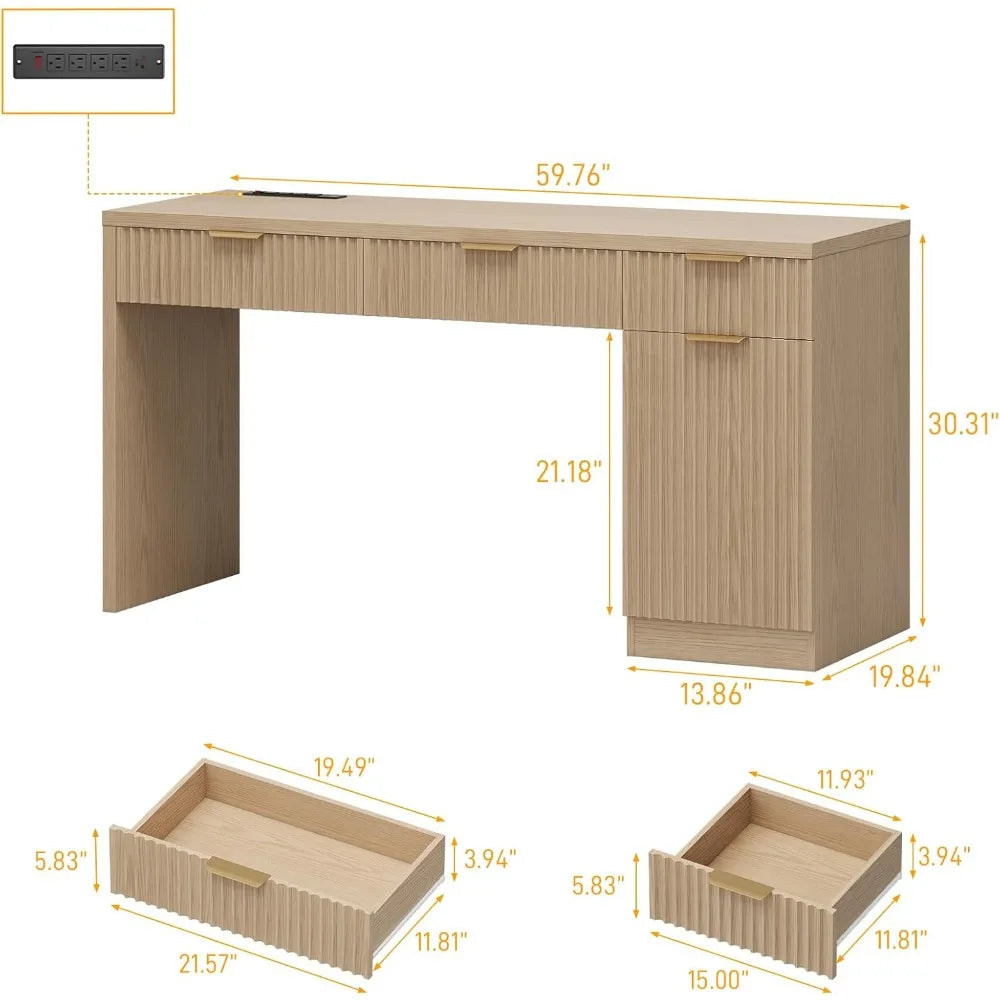 60" Executive Desk with Fluted Drawers, Wood Home Office Desk with Storage Cabinet, Charging Station.