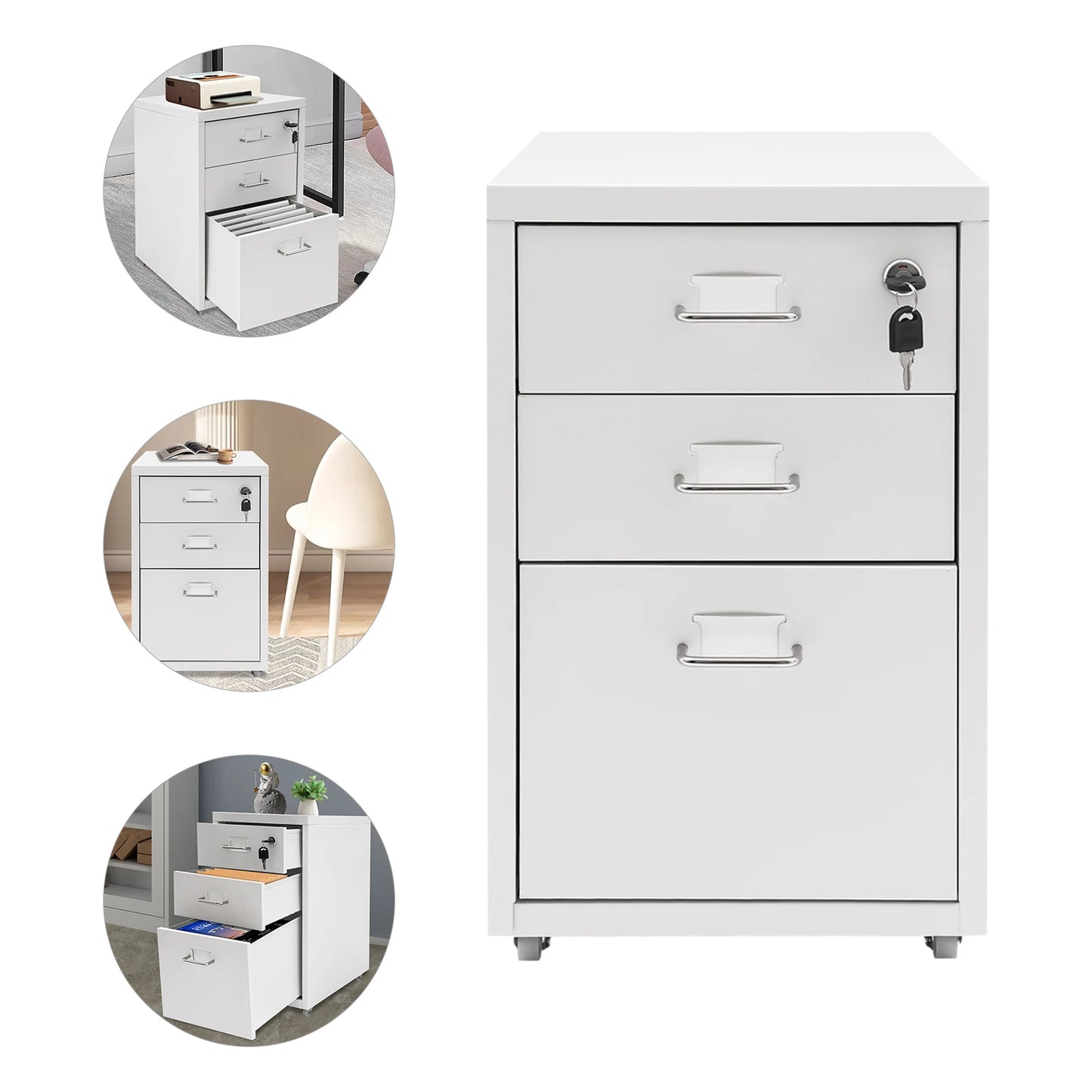 3 Tiers Rectangular Steel Vertical File Cabinet, Metal Mobile File Cabinet with Lock for Office, Study.