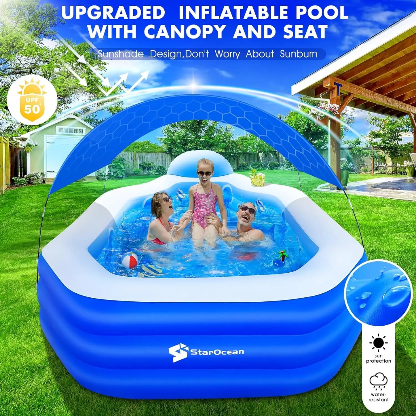 Inflatable Pool with Canopy, Large Swimming Pool for Kids, Adult, Blow Up Pools with Seats, Backrest.