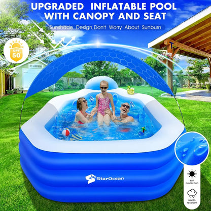 Inflatable Pool with Canopy, Large Swimming Pool for Kids, Adult, Blow Up Pools with Seats, Backrest.