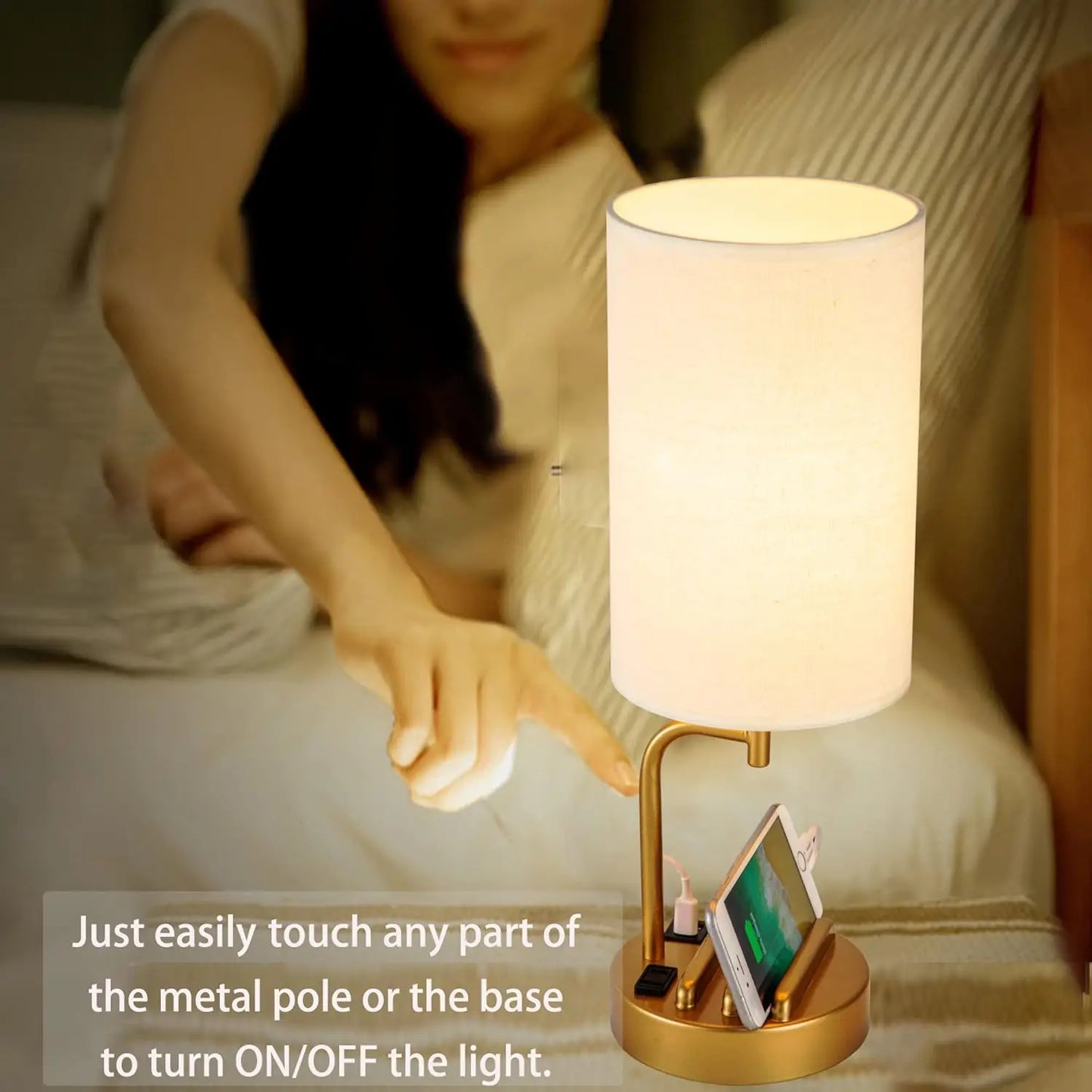 Touch Control USB Table Lamp with Dimmable LED, USB C/A Charging Ports.