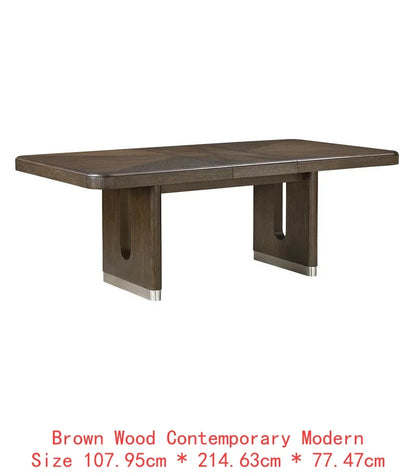 Modern Brown Finish 7-Piece Dining Set with Round Table and 6 Beige Upholstered Side Chairs.