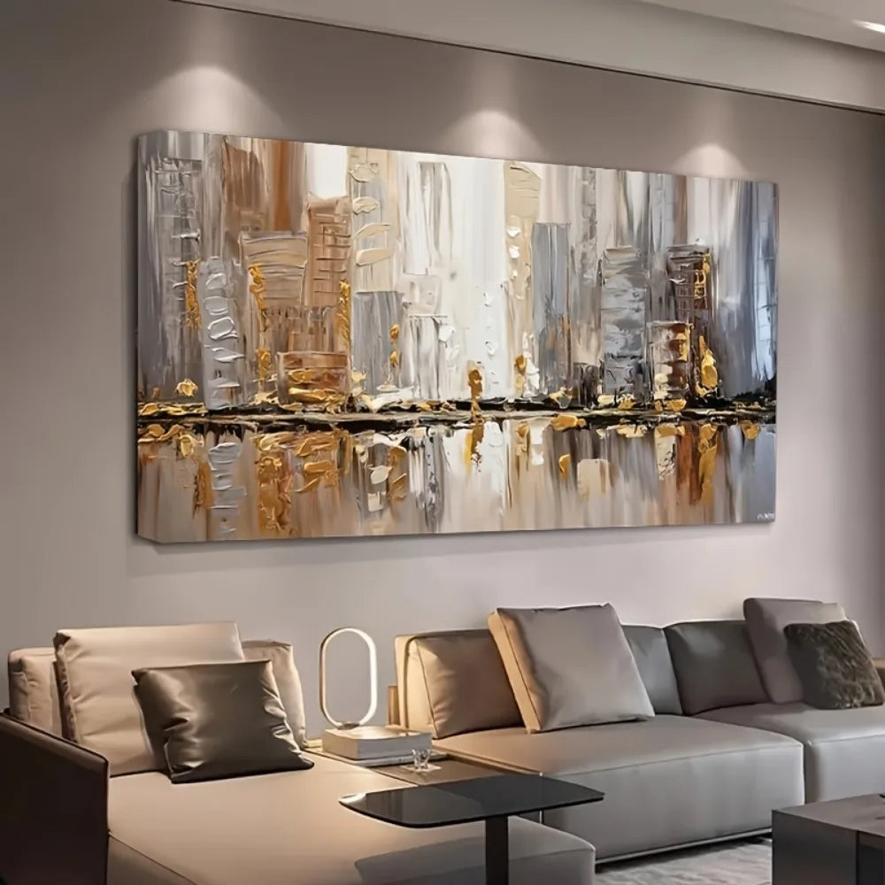 Large modern abstract oil painting, pine frame - elegant Art Deco - neutral tones- gold accents