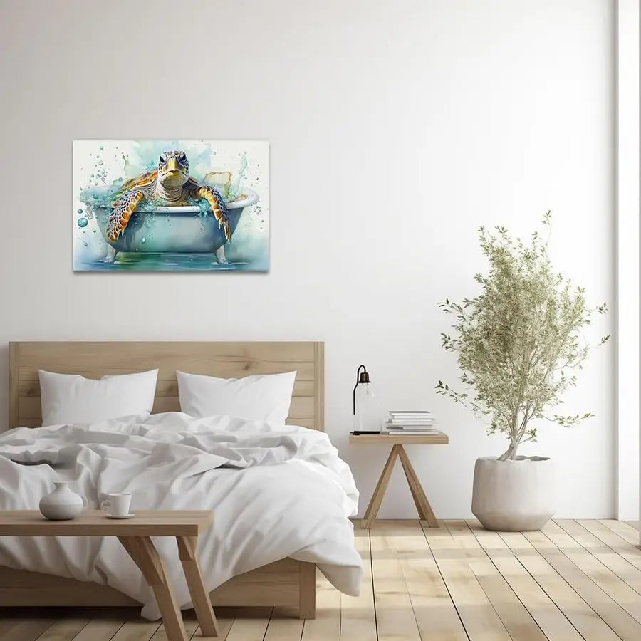 Sea Turtle Bathroom Wall Art Funny, in Bathtub Canvas Painting.