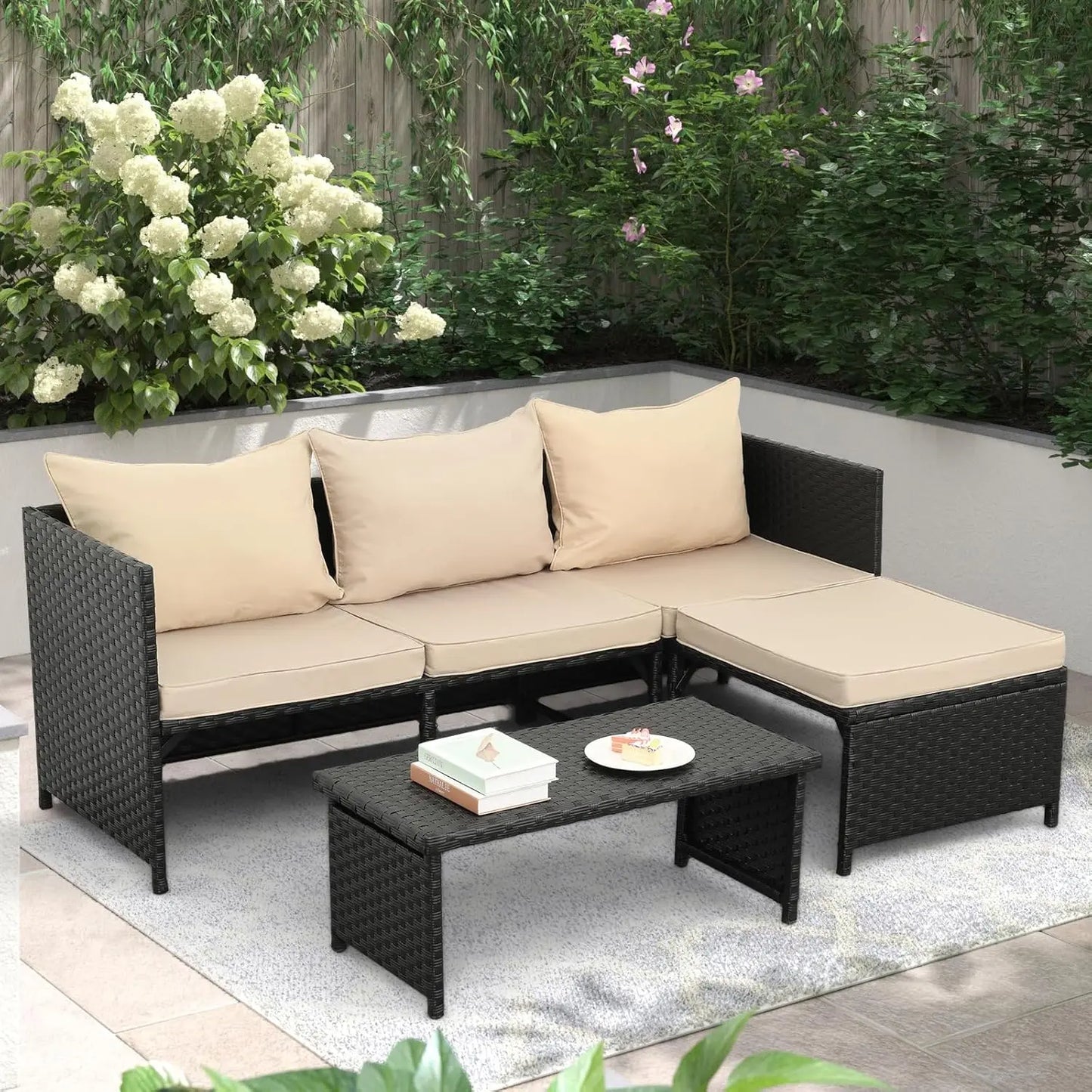3-Piece Outdoor PE Rattan Furniture Set Patio Black Wicker Conversation Loveseat Sofa Sectional.