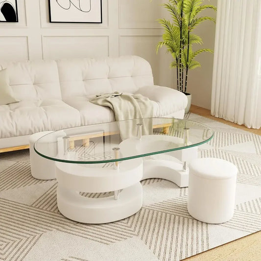 3-Piece Glass Coffee Table Set with Tempered Glass Top and S-Shaped Base, Including 2 Leather Stools.