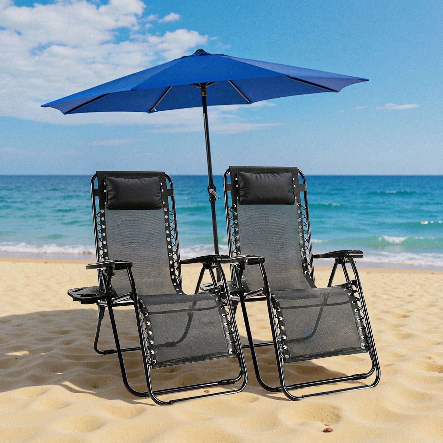 Zero Gravity Set of 2 Portable Recliner, Patio Outdoor Lounge Chair with Cup Holder, Adjustable Pillow.