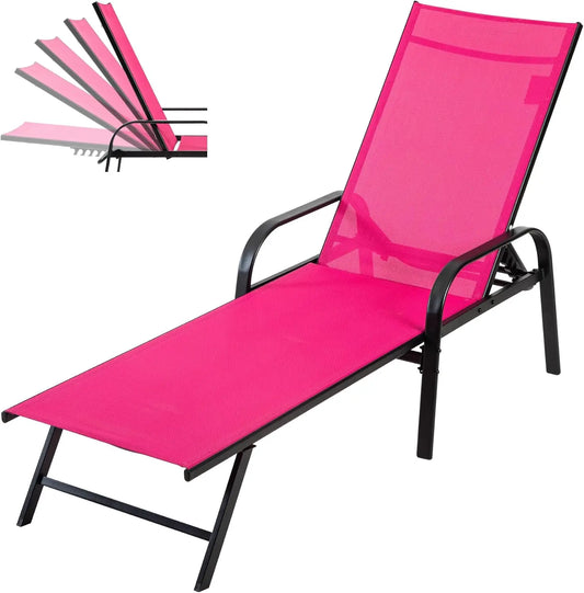 Adjustable Outdoor Chaise Lounge Chair with Armrests, 5 Positions, Metal Frame for Patio Poolside.
