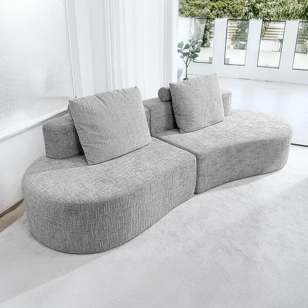 Curved Sofa with Modern Design, Light Grey, 4-Seat Living Room Set- 2 Pillows.