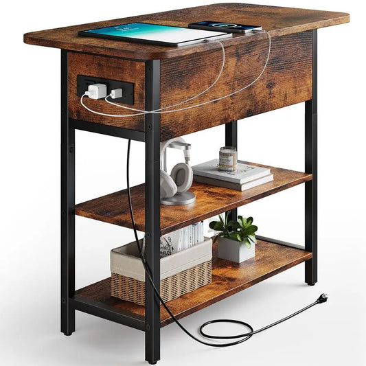 End Table with Charging Station, Flip Top Side Table with USB Ports and Outlets - for Living Room
