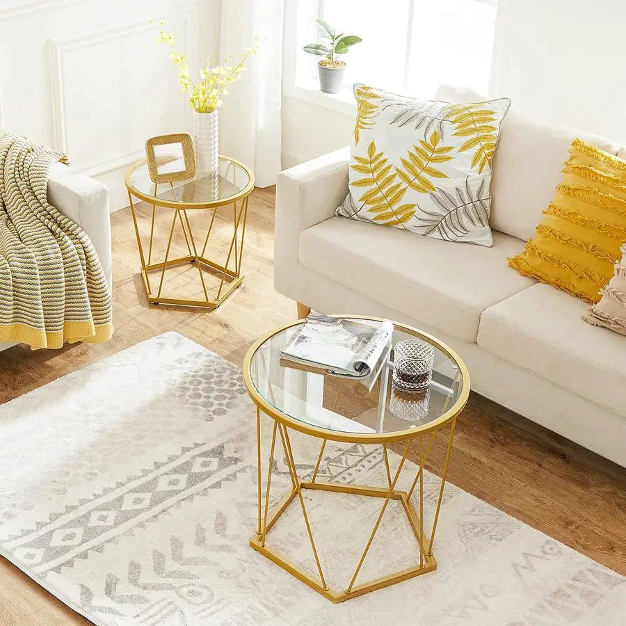 Small Coffee Table Set of 2, Round End Table with Metal Frame, Glass Tabletop, for Living Room, Bedroom.