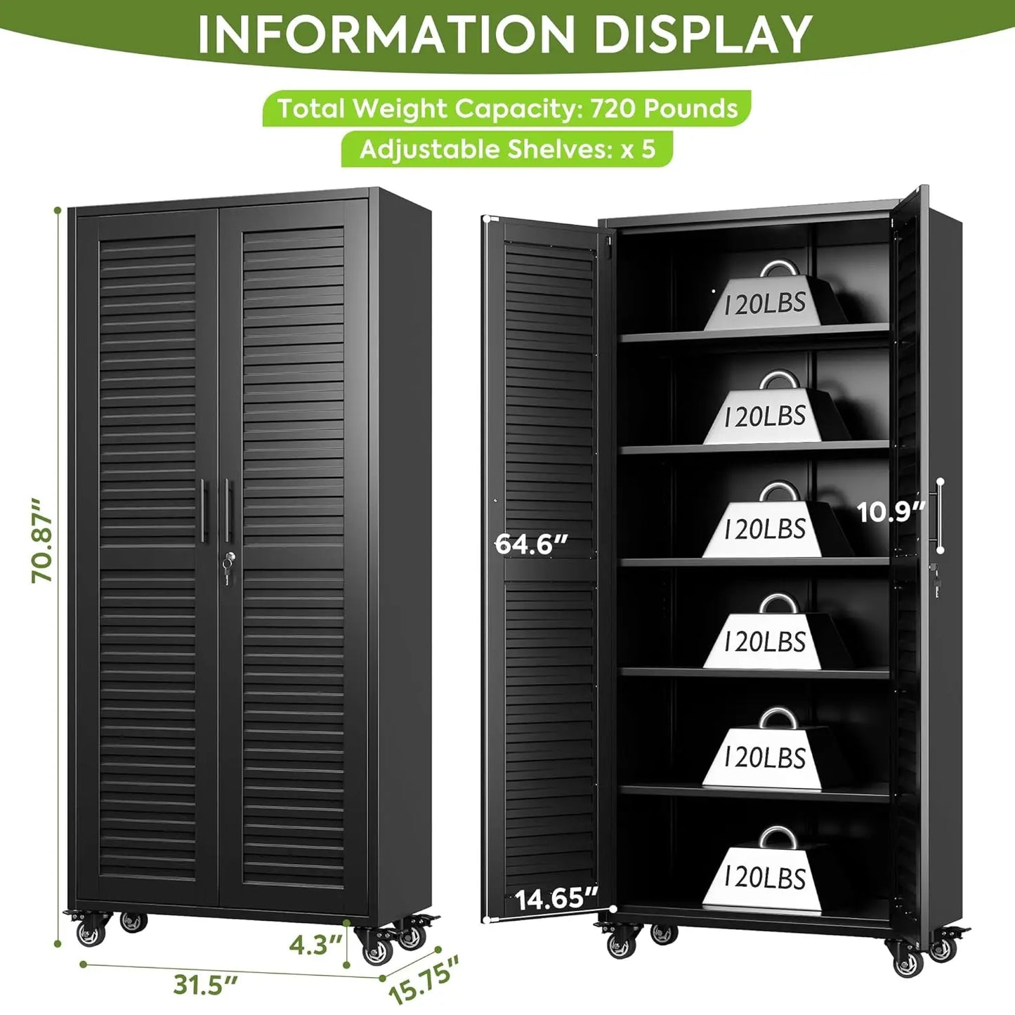 Garage Storage Cabinet with Wheels Pegboard and Adjustable Shelves, Metal Lockable Cabinet.