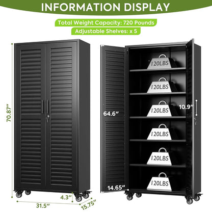 Garage Storage Cabinet with Wheels Pegboard and Adjustable Shelves, Metal Lockable Cabinet.