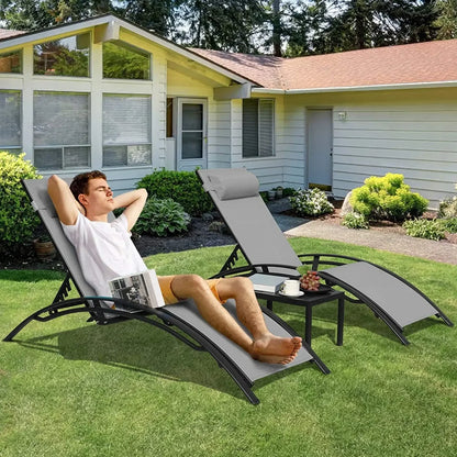 Aluminum Lounge Chair for Outside with 5 Adjustable Positions, Table 3Pcs Chaise Outdoor for Pool.