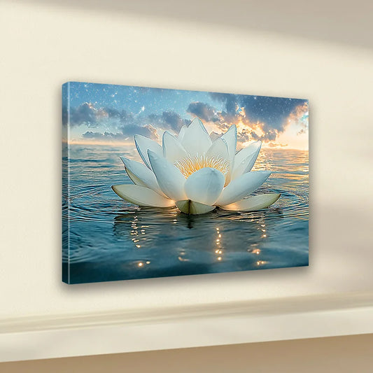 1pc Woven Canvas Wall Art - Lotus Sea Flower Print- Wooden Frame, Elegant Classic Art Deco Style, Vibrant.
