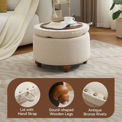 Round Storage Ottoman with Tray, Modern Tufted Fabric Circle Coffee Table with Storage, Removable Top.