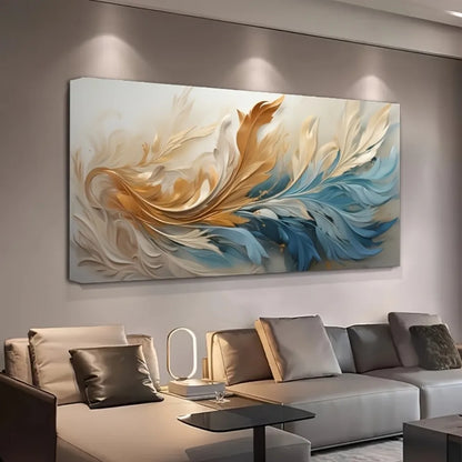 Modern abstract gold feather canvas art, interior decoration, pine solid wood frame.
