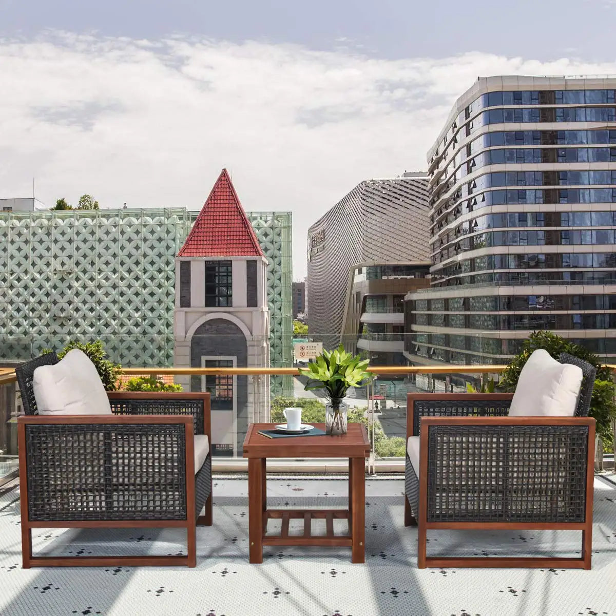 3 Pieces Patio Wicker Furniture Set, Rattan Outdoor Sofa Set w/Washable Cushion & Acacia Wood Coffee Table.