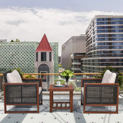 3 Pieces Patio Wicker Furniture Set, Rattan Outdoor Sofa Set w/Washable Cushion & Acacia Wood Coffee Table.